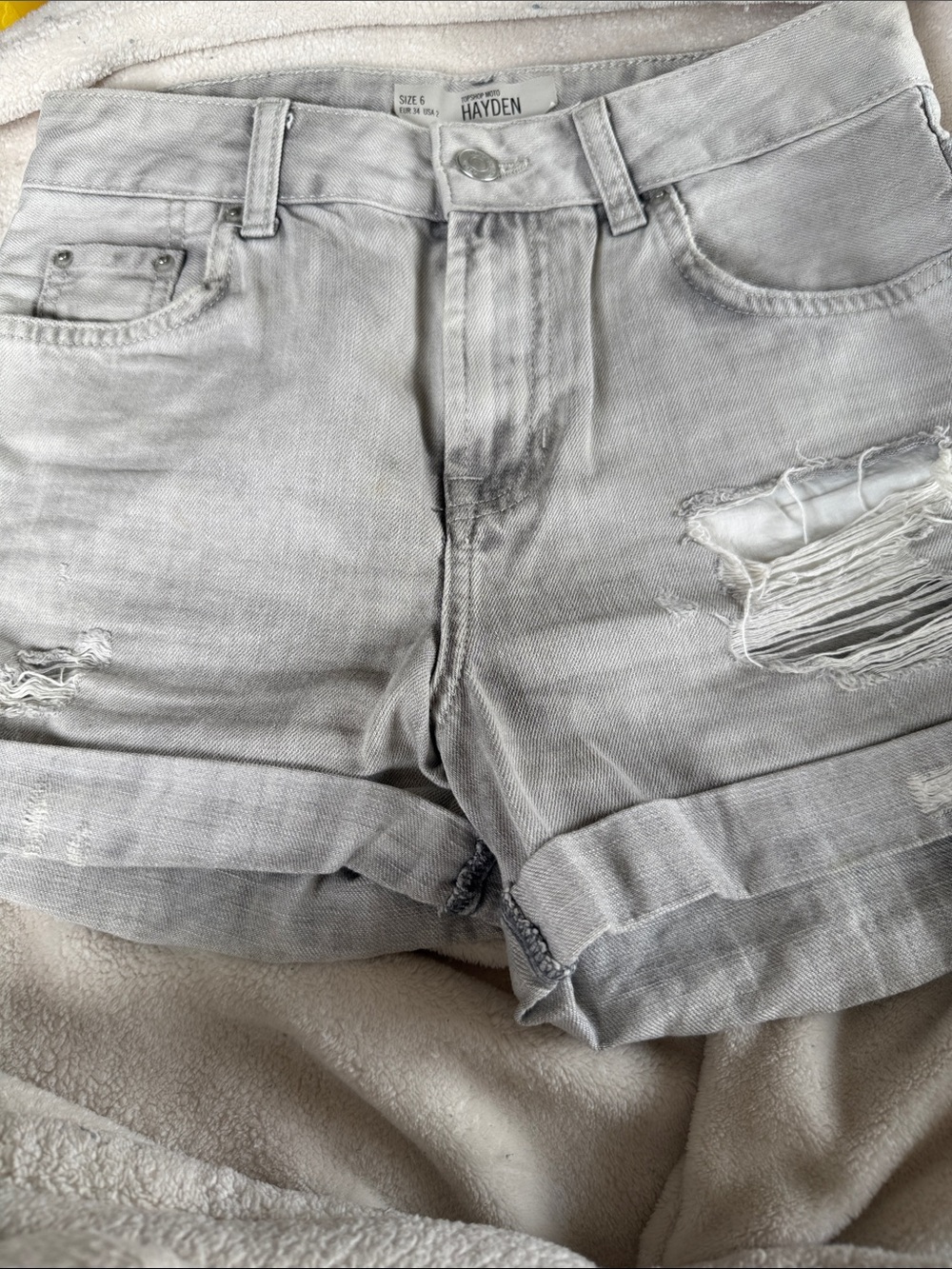 Hayden Light Gray Distressed Rolled Hem Denim Shorts